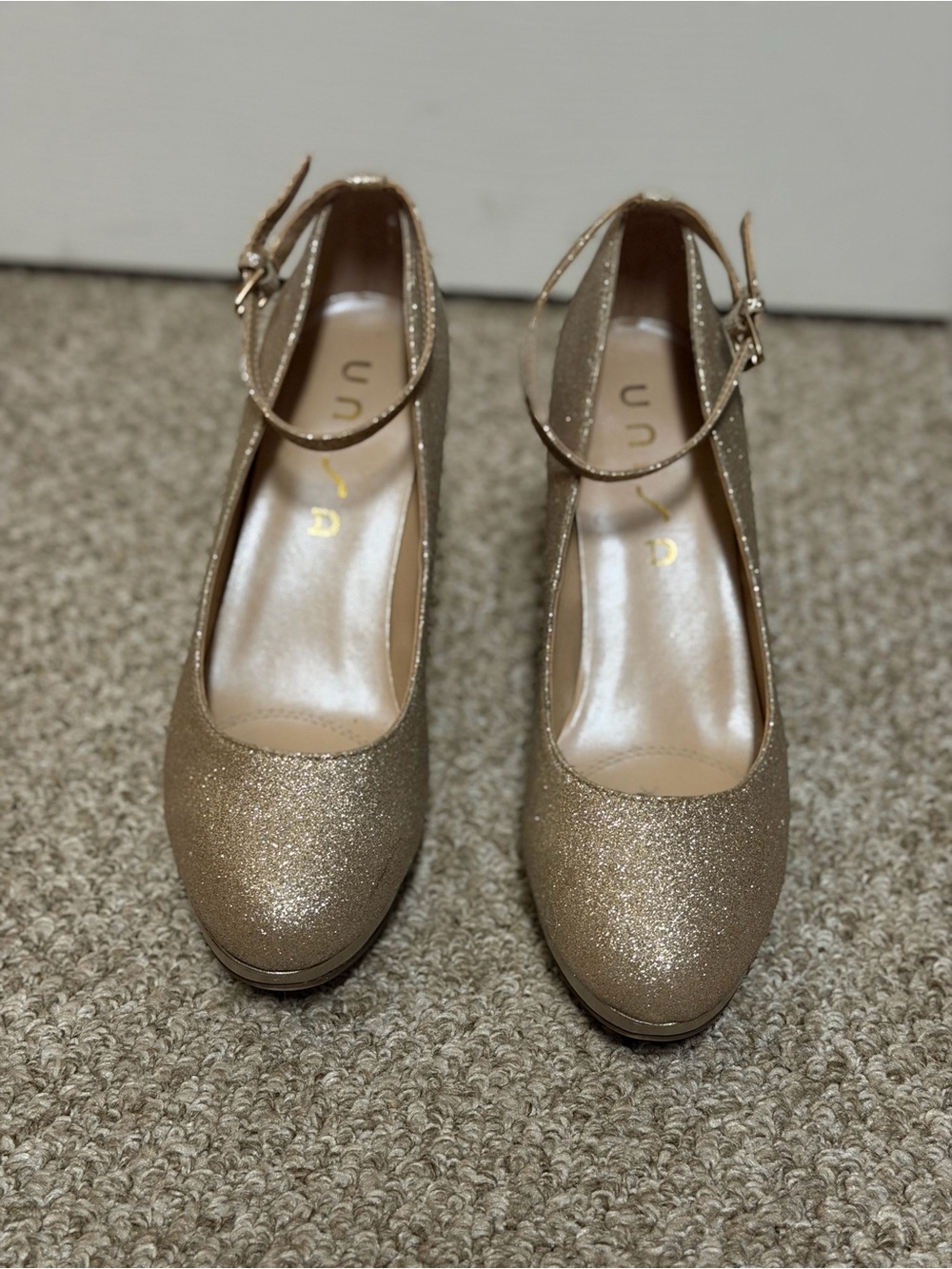 Unisa Glitter Ankle-Strap Heels in Gold